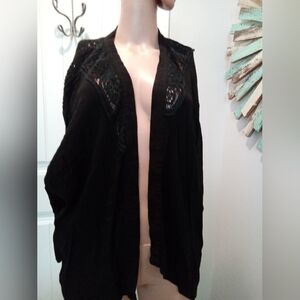 In The Beginning Size S Black Women's Open Front Cardigan w/ Lace Detailing